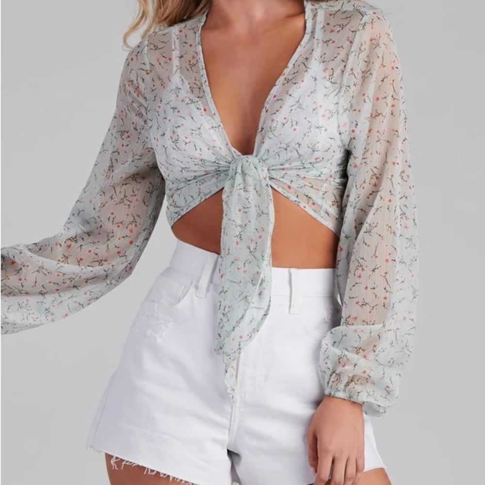 Sheer Floral Tie-Front Crop Top in Mint